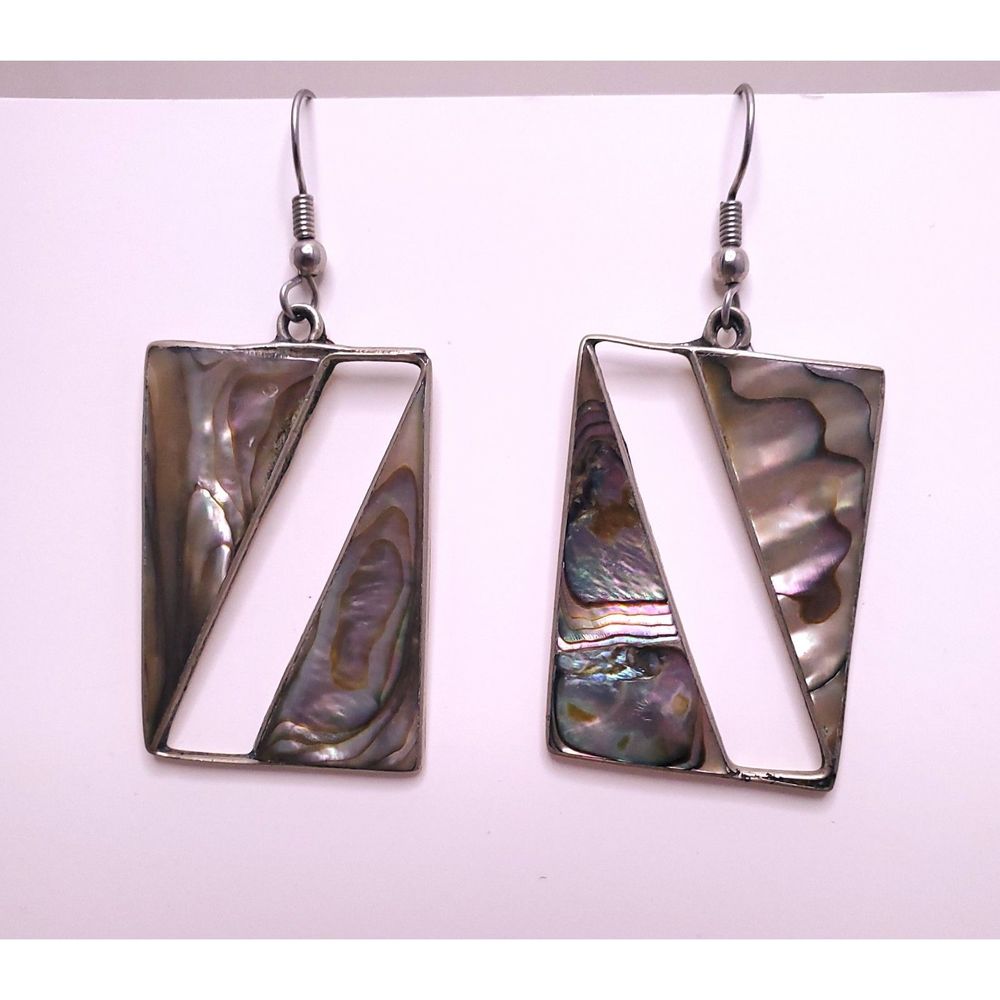 Silver Artisan Modern Square Statement Mother of‎ Pearl Stamped Pierced Earring
